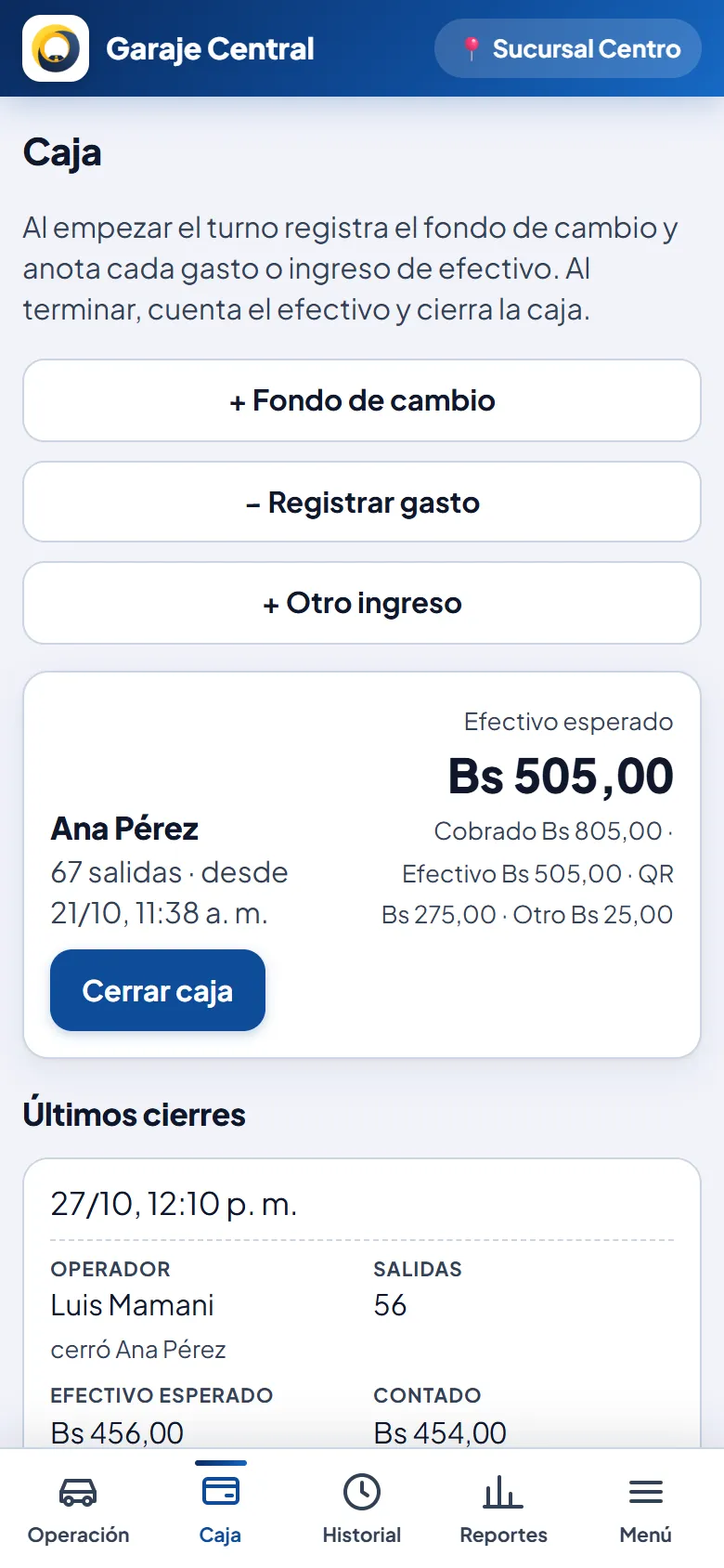 Pantalla: Caja con arqueo