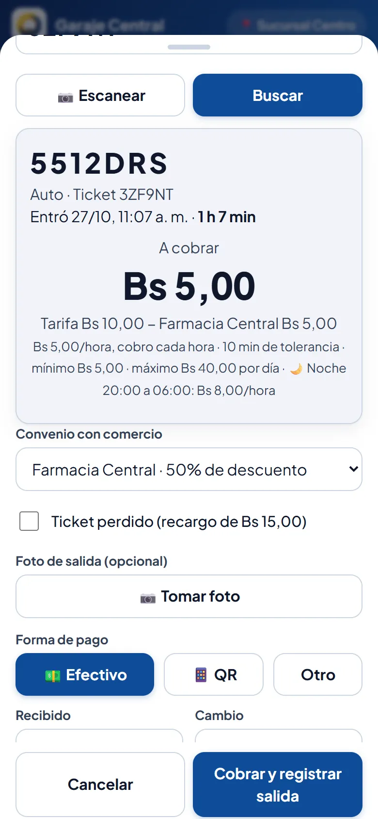 Pantalla: Convenios y ticket perdido