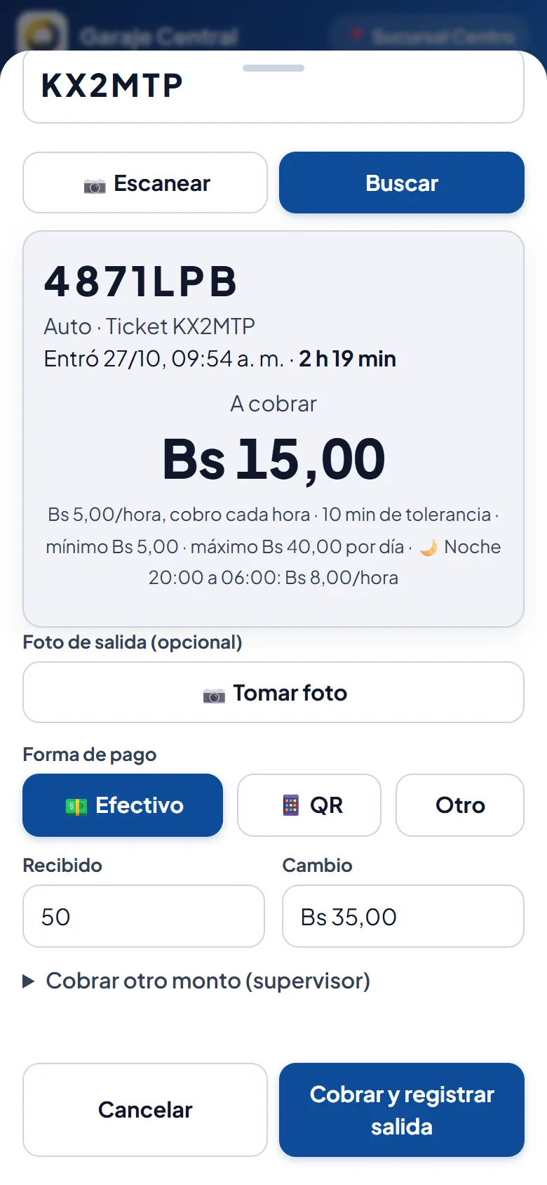 Pantalla de salida con el monto a cobrar y el cambio